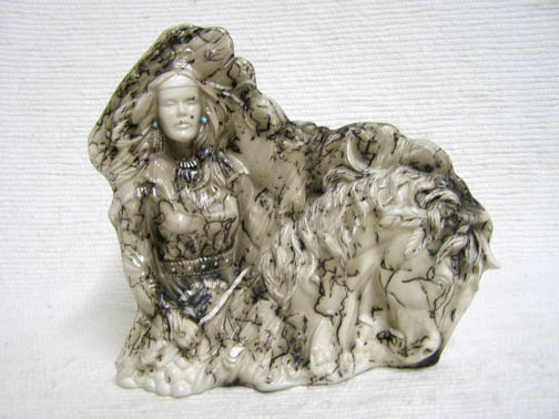 Native American Made Ceramic Horsehair Maiden on Horseback