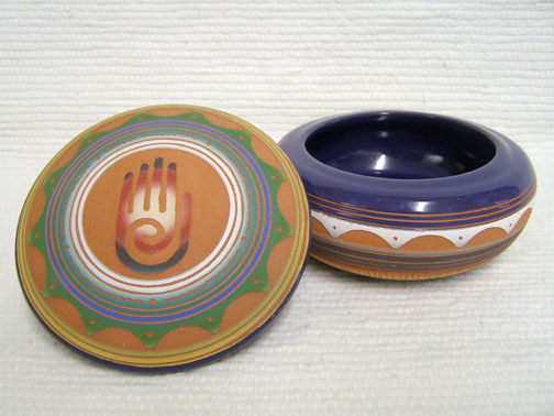 Native American Navajo Red Clay Medium Round Jewelry Box with Healing Hand