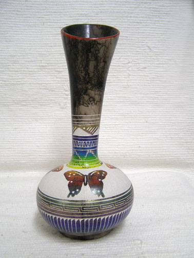Native American Navajo Fine Etched Horsehair Tall Vase with Butterflies