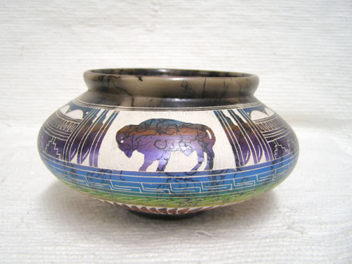 NNative American Navajo Fine Etched Horsehair Flat Bowl with Buffalo 
