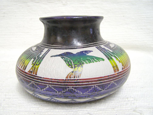 NNative American Navajo Fine Etched Horsehair Pot with Hummingbird