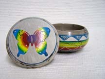 Native American Navajo Made Ceramic Fine Etched Horsehair Small Jewelry Box with Butterfly